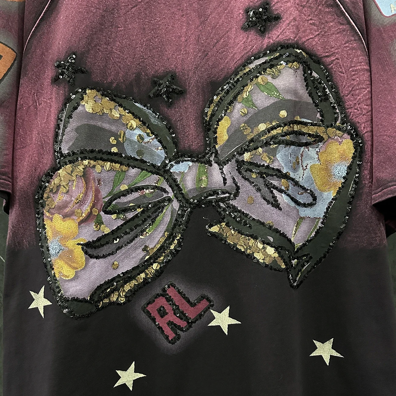 Heavy Industry Sequined Bow Gradient Color Short-sleeved T-shirt Women\'s 2025 Spring Summer Loose Sweet Round Neck Cotton Top