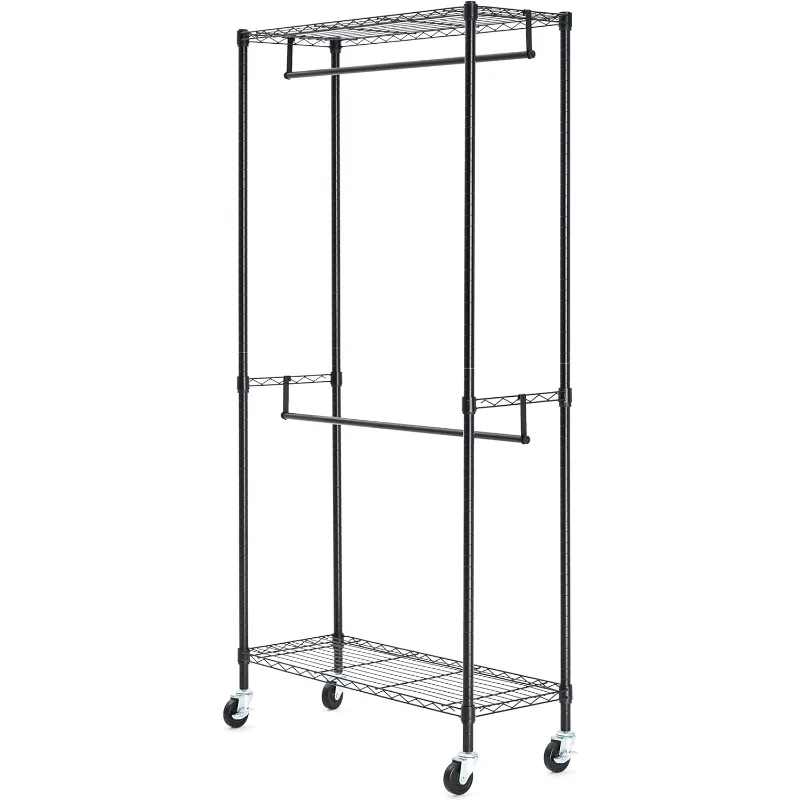 Adjustable, Double Hanging Rod Garment Rolling Closet Organizer Rack, Black, 36'' x 14'' x 72''