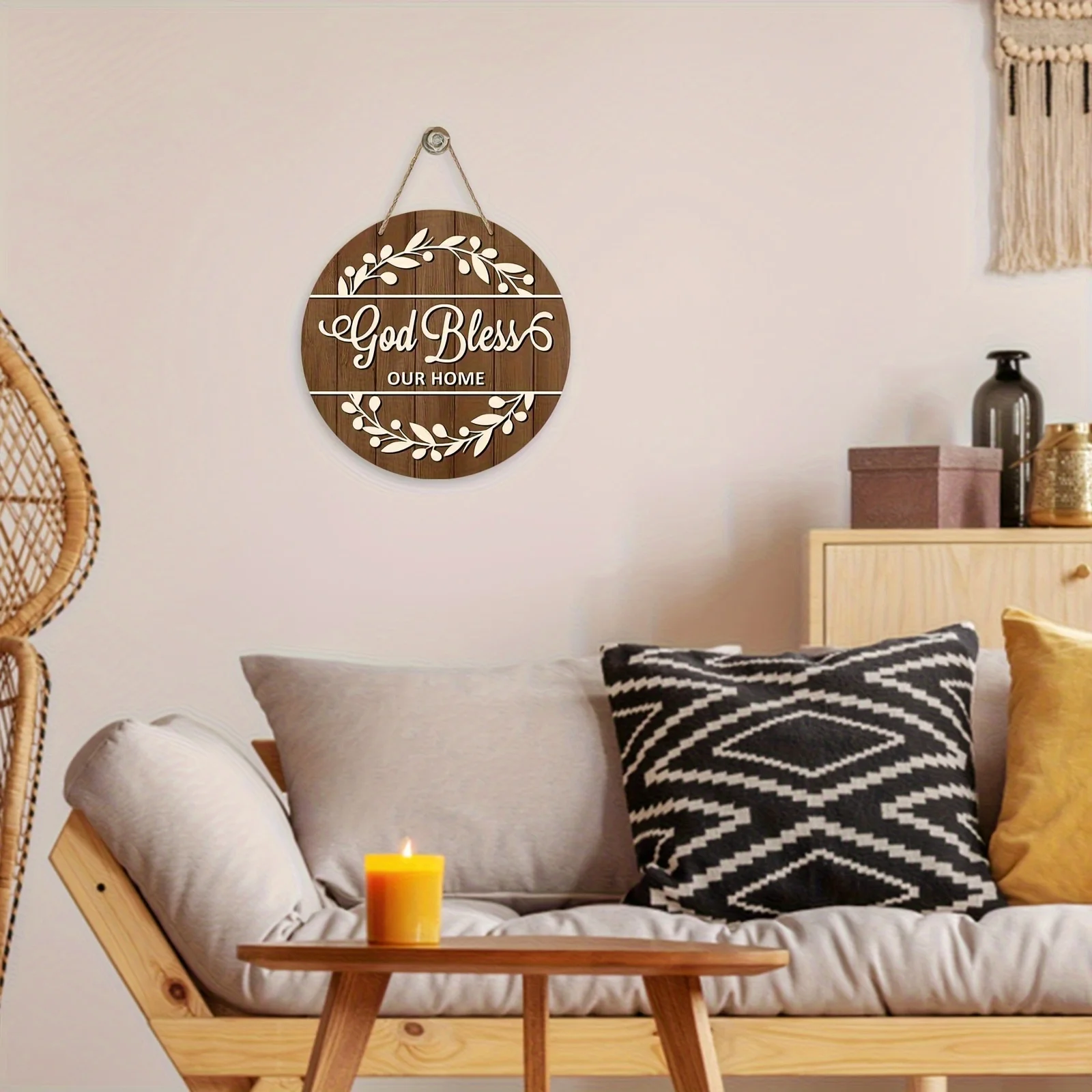 1pc Christian God Bless Our Home Sign - Rustic Farmhouse Wooden Wall Decor with Elegant Script & Leafy Wreath Design, Indoor/Out
