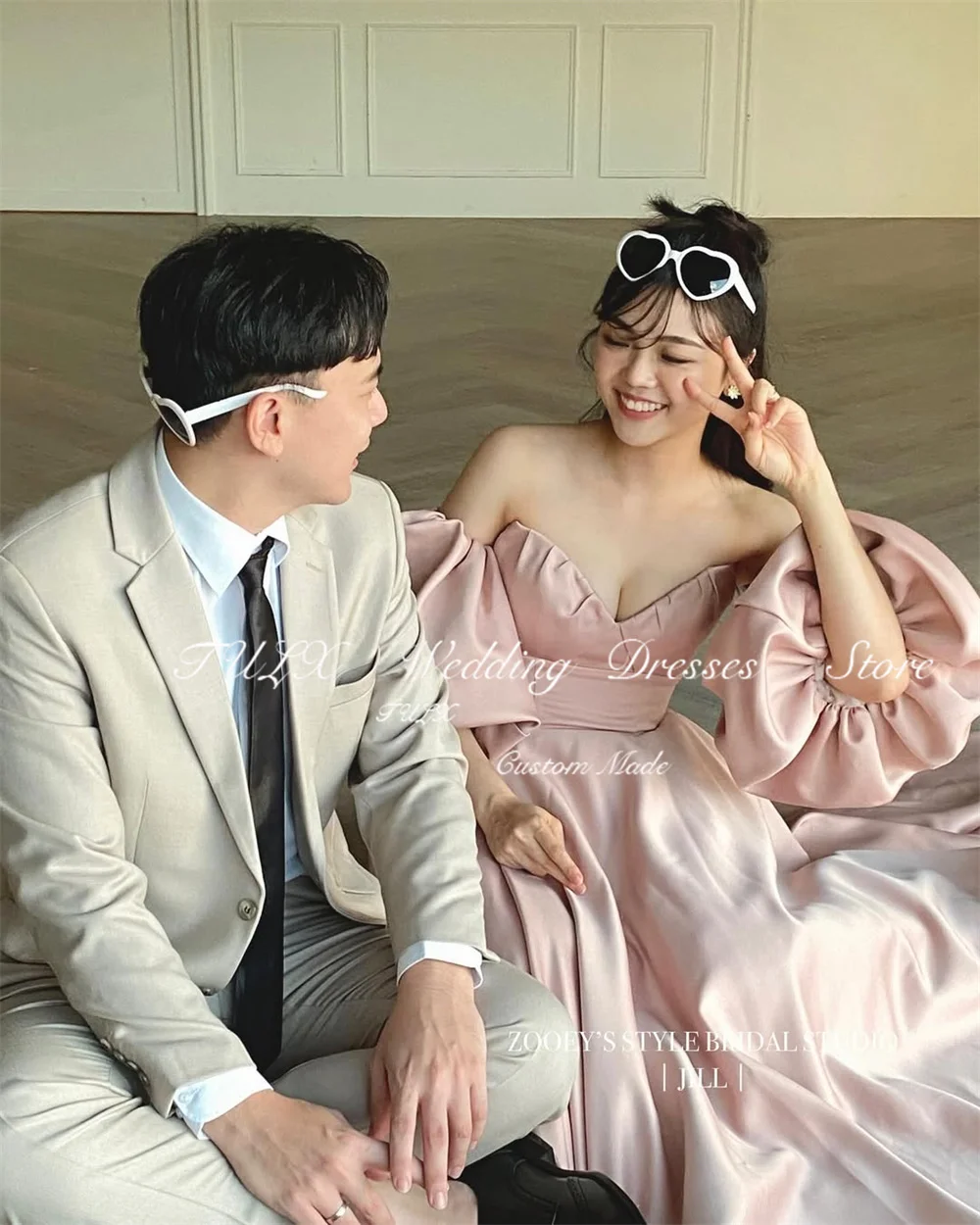 TULX Elegantes Satin A-Linie Korea Abendkleid Schatz Puffärmel Hochzeit Fotoshooting Kleid Bodenlanges Korsett Maßgeschneidert