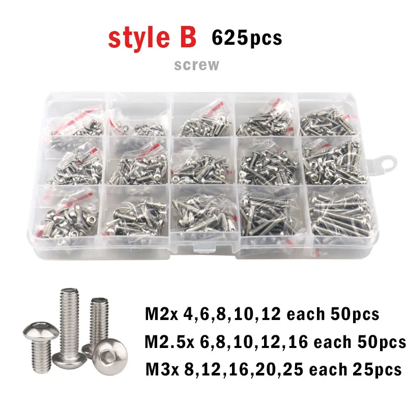 M2 M2.5 M3 M4 M5 304 Stainless Steel Screw Allen Hexagon Hex Socket Button Round Pan Head Screws Bolt Nut Washer Set Box Kit