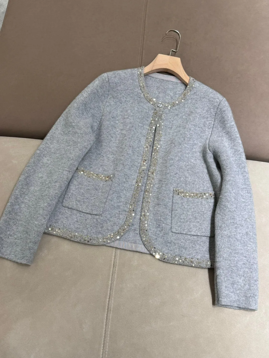 Cardigan en Cachemire avec Paillettes pour Femme, Veste Courte, Manteau d'Automne