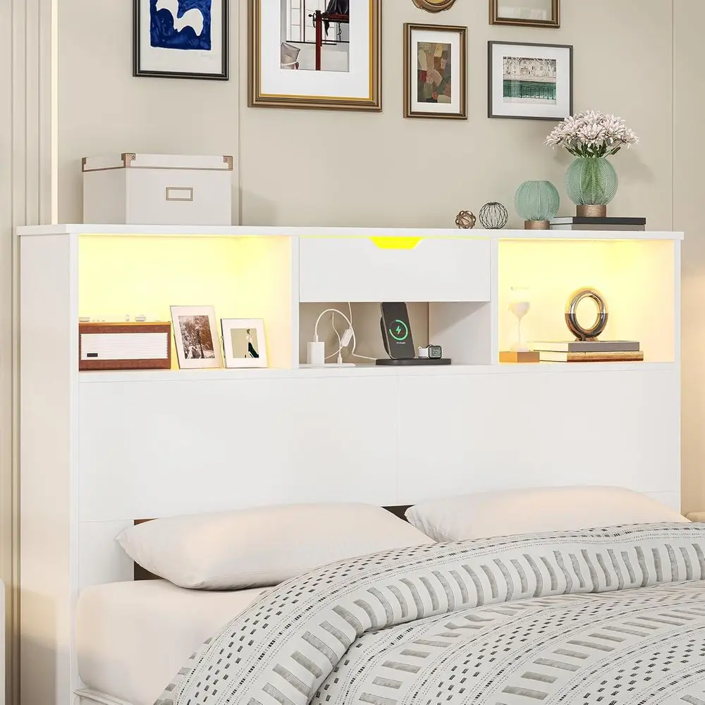 

Прикроватная тумба или столик с полками и ящиками для хранения, глубокие полки-стеллажи с зарядной станцией и LED-подсветкой, белая тумба с 2-уровневым хранилищем для вещей.