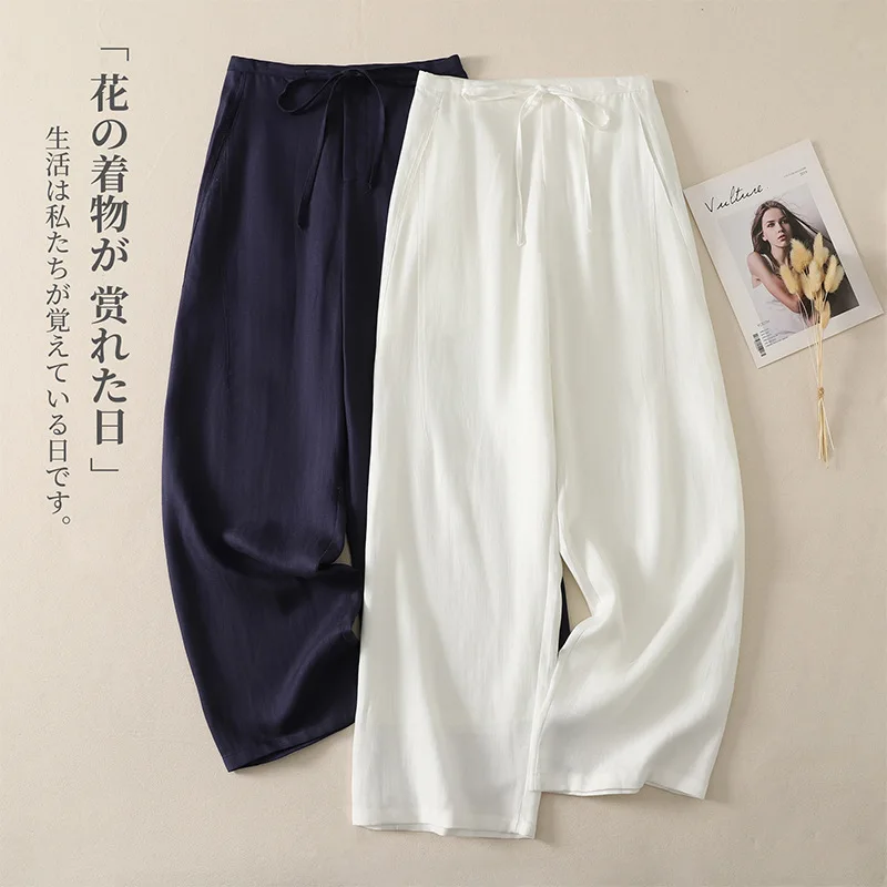 

Women Summer New Sweet Mori Girl Solid Color Cotton Linen Straight Pants Elastic Waist Casual Loose Thin Breathable Long Pants