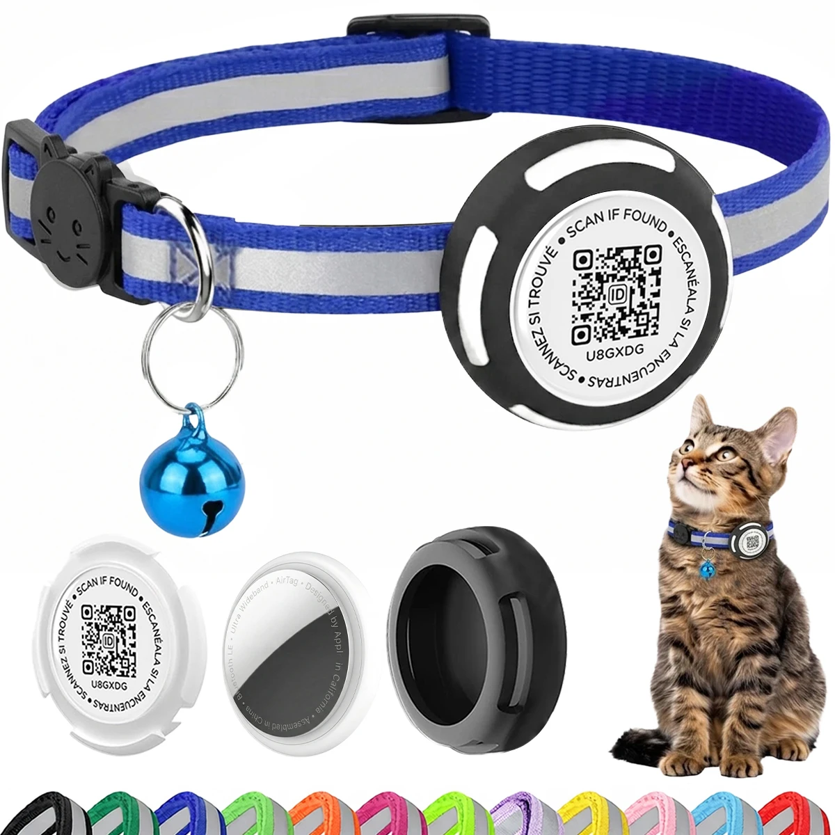 Air Tag Pet Collar with Airtag Holder（No Airtag）& Pet Name QR Code Dual Protection Reflective Cat Collar for Kitten Puppy