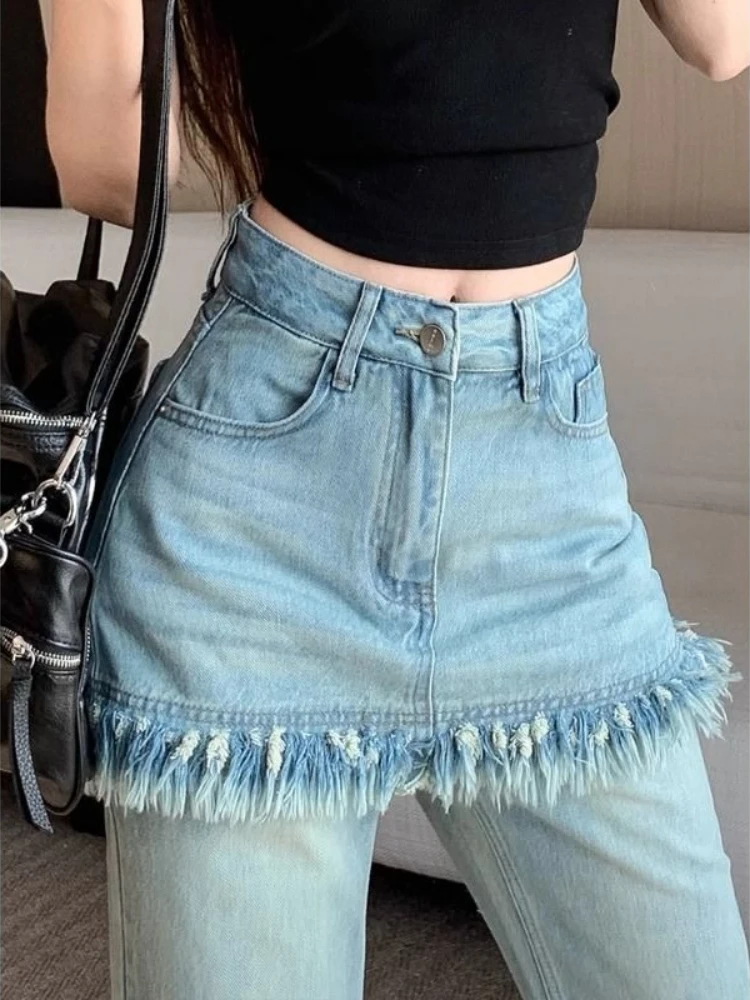 Layered Two-Piece Design Women's High-Rise Straight Wide Leg Denim Pants Spring Slimming with Frayed Hem and Slightly Flared