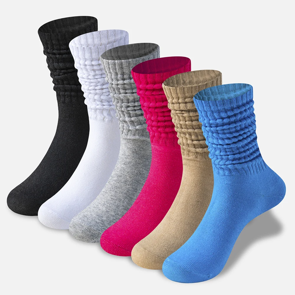 6 Pairs Women Simple Socks Plus Size Solid Ribbed Warm Breathable Slouch Mid Calf Socks