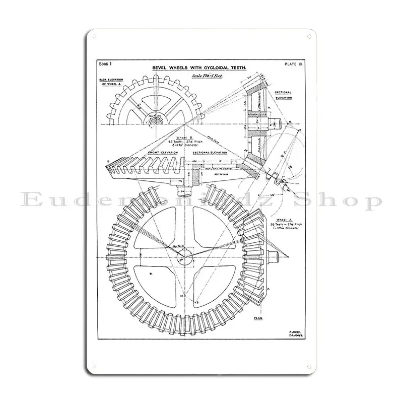 Vintage Drawing Of Gear Wheels From An Edwardian Textbook On Technical Drawing Metal Sign Funny Designing Club Tin Sign Poster
