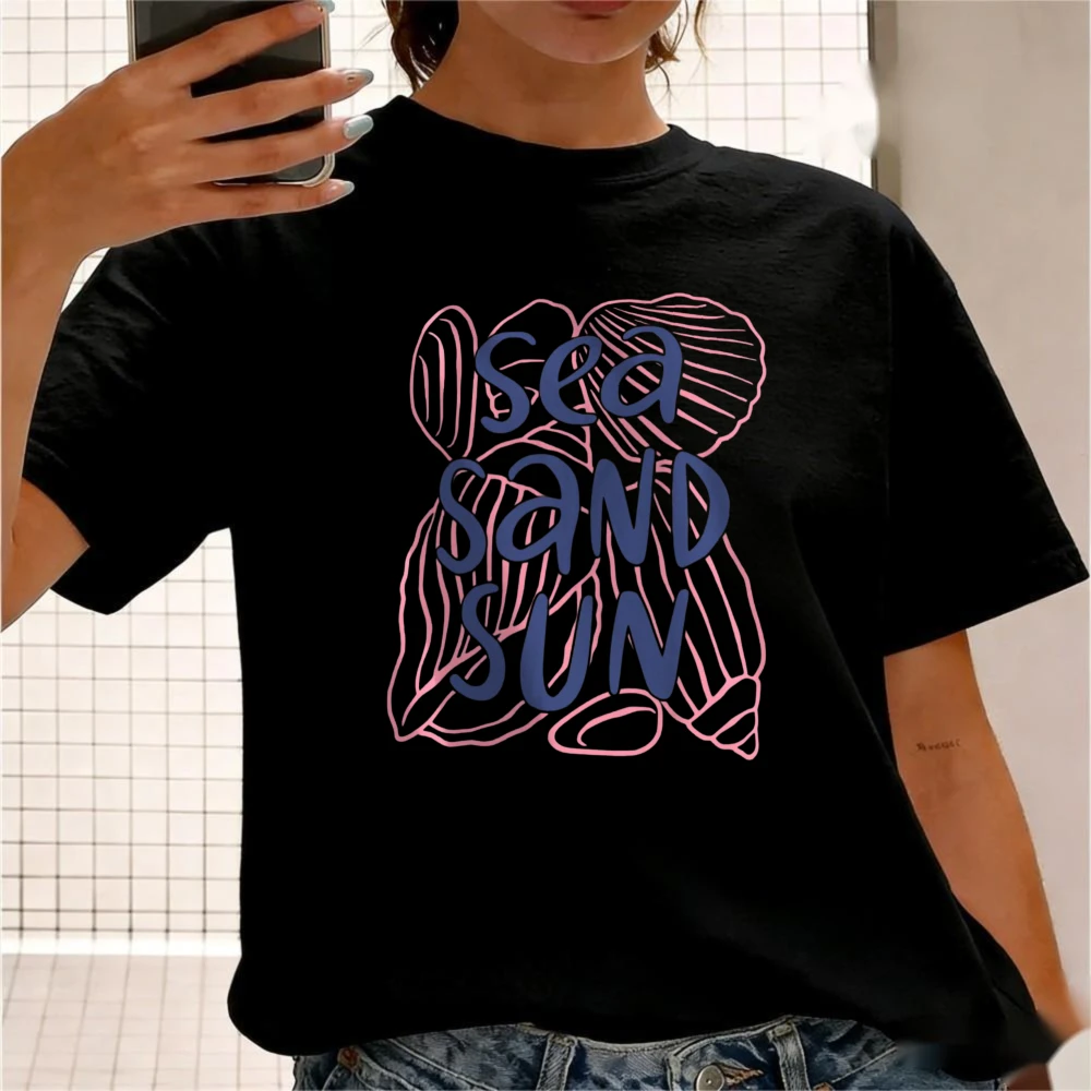 Preppy Sea Sand Sun T-Shirt Summer Vacation Graphic Tee Boho Beach Shirt Women Fashion Casual Daily Life Cotton Short Sleeve