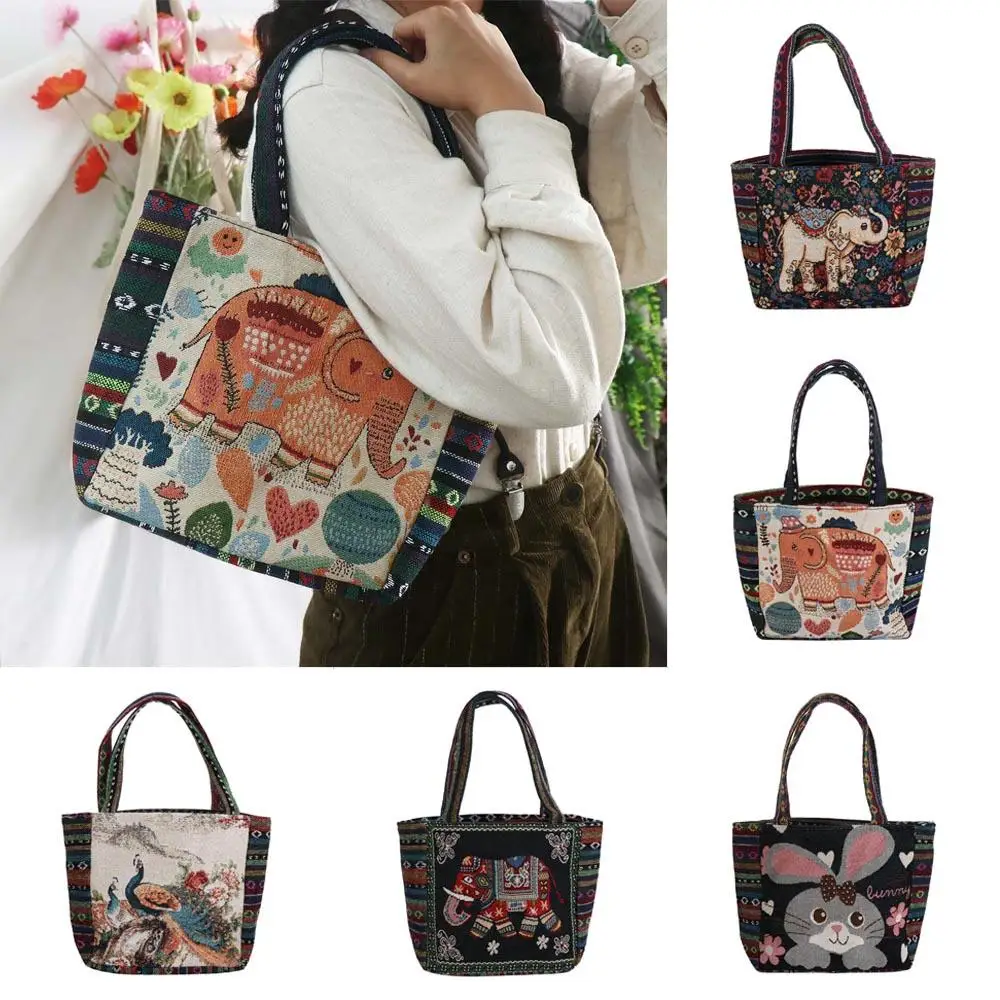 Vintage Embroidery Elephant Ethnic Style Handbag Animal Peacock Canvas Tote Bag Canvas Rabbit Handbag Storage Bag