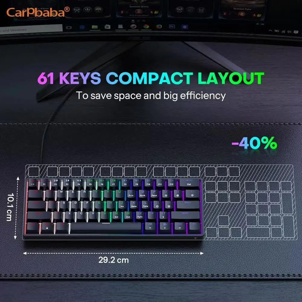 61 Keys Red Switch Mechanical Keyboard Detachable Type-C Cable RGB Backlit Compact Gaming Keyboard For Office & Game Use