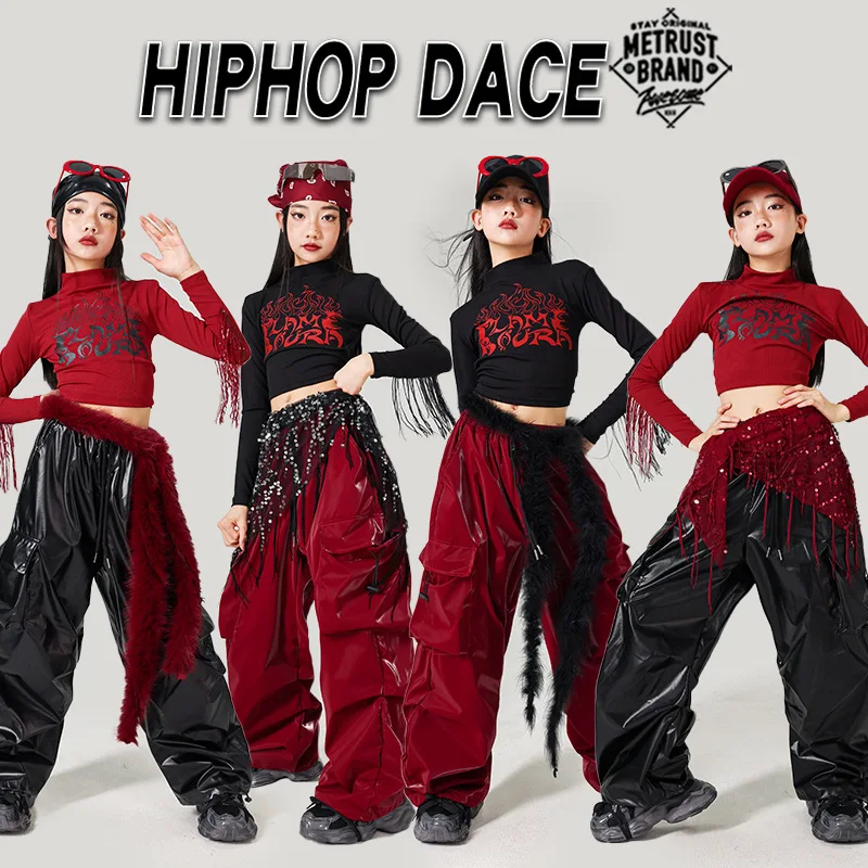 Girls K-pop Fashion Crop Top Dance Leather Cargo Pants Child Hip Hop Girl Group Clothes Sets Kids Streetwear Jazz Cool Costumes