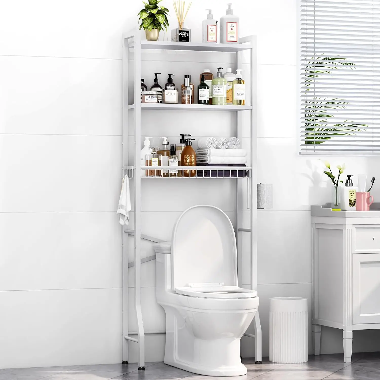 

3-Tier, with Shelf and Basket, Freestanding Space Saver Bathroom Shelves Above Toilet for Room (White), Bath Baskets
