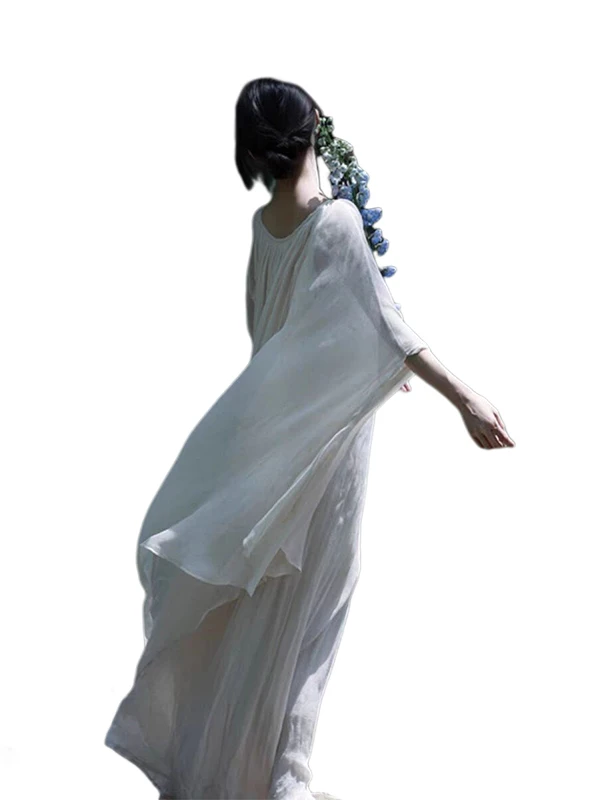 Nuovo cinese Sle White Dr Donna Estate Zen Sensation Allentato Pigro Sottile Dra Abito lungo Gonna a trapezio Materiale sottile