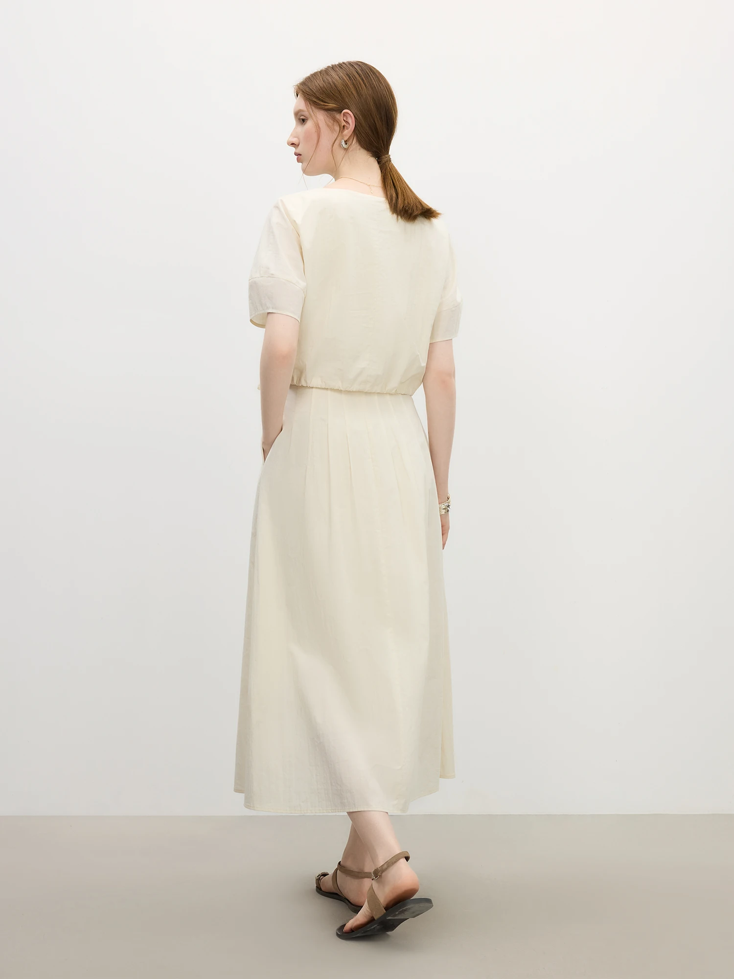 FSLE Summer 2025 Women's Vintage Midi Dress - Round Neck Tie-Waist Flowy Boho Drop Shoulder Maxi Beach to Office