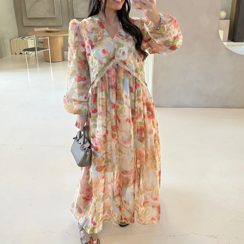 Robe française romantique à imprimé Floral, taille haute, décontractée, col en V, manches lanternes, robe de soirée, Design à la mode, plissée, ample