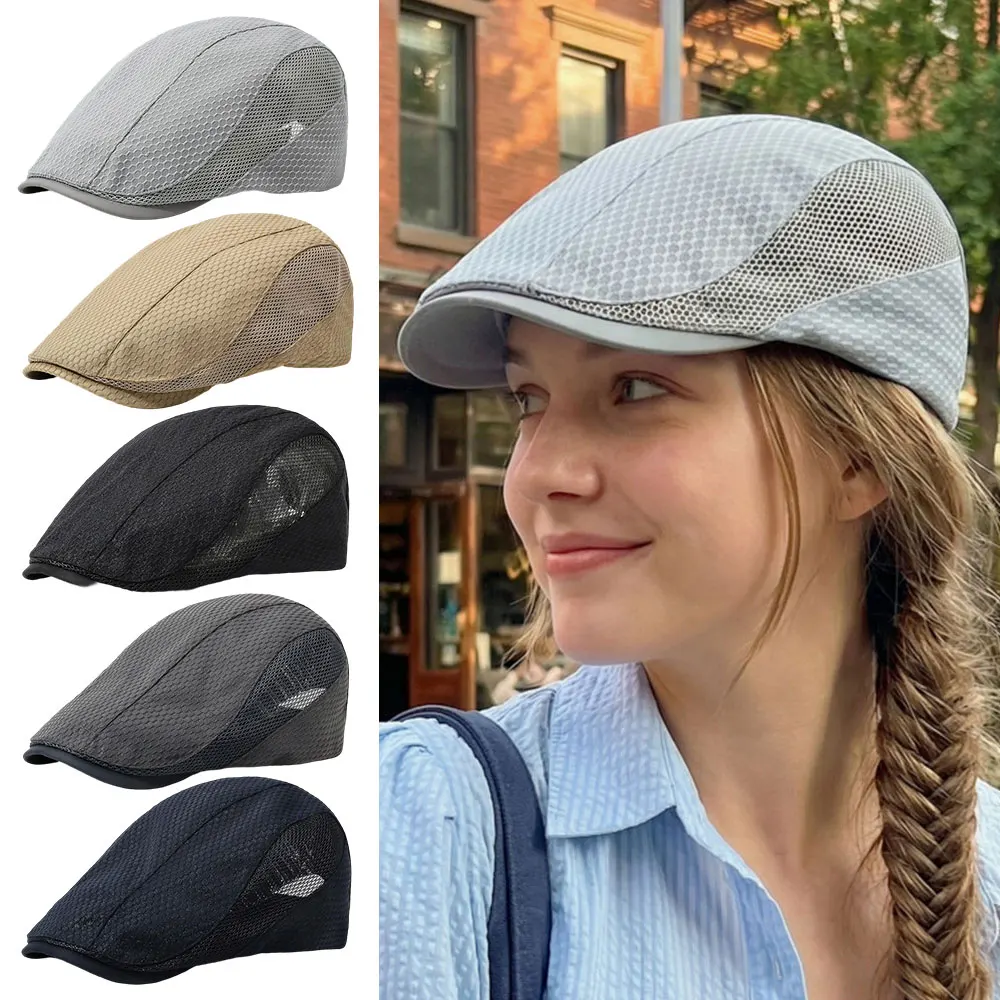 

Summer Mesh Breathable Newsboy Caps Solid Color Beret Hats Retro Men and Women Sun Protection Hat Adjustable ivy Flat Cap