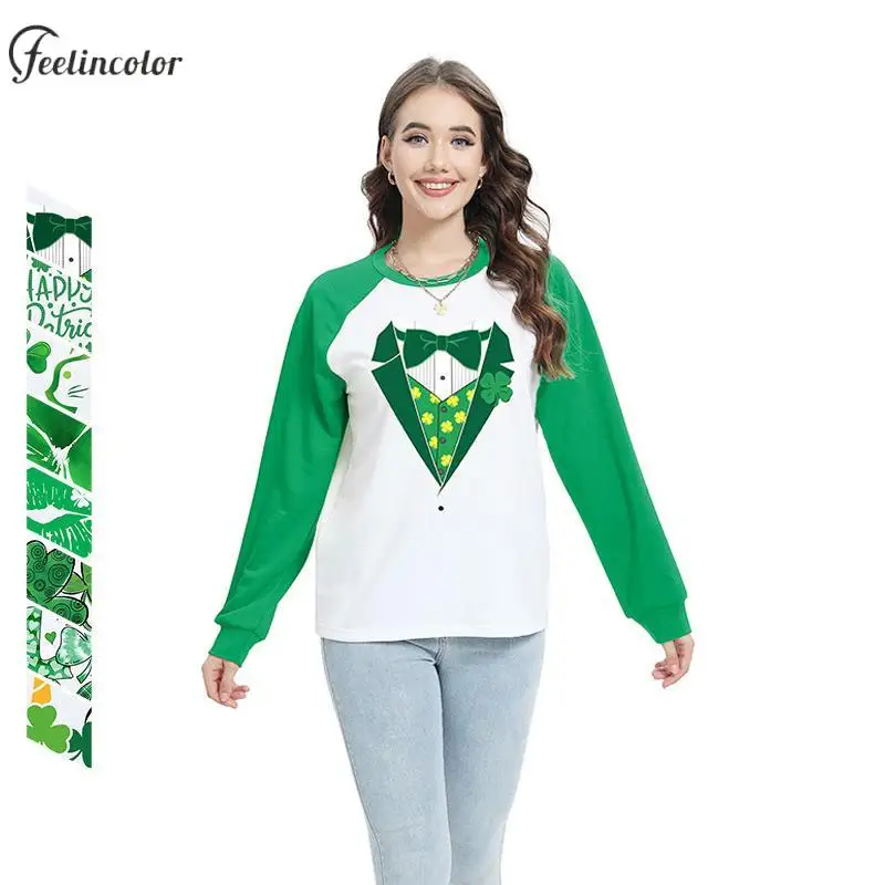 Fake Two Suits Print Sweatshirts for Women St. Patrick's Day Pullover Lucky Irish Clover Graphic Hoodies Holiday Couple Clothing