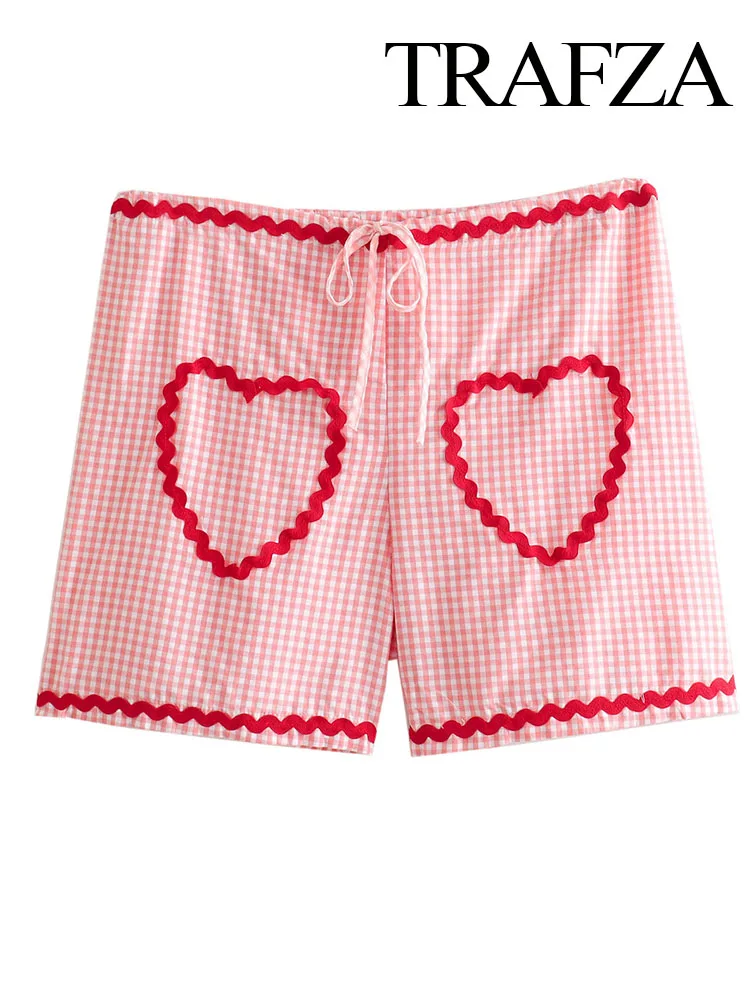 

TRAFZA Summer Woman New Fashion Casual Short Pants Love Splicing Plaid Mid-Waist Elastic Waist Lace-Up Decoration Shorts TRAF