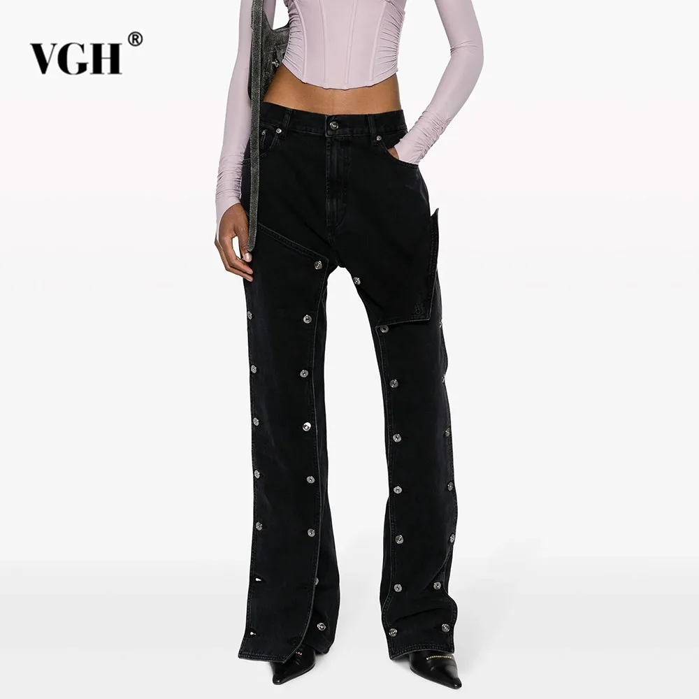 VGH Solid Patchwork Button Denim Trousers For Women High Waist Spliced Pocket Minimalist Straight Pants Female Fashion Style New