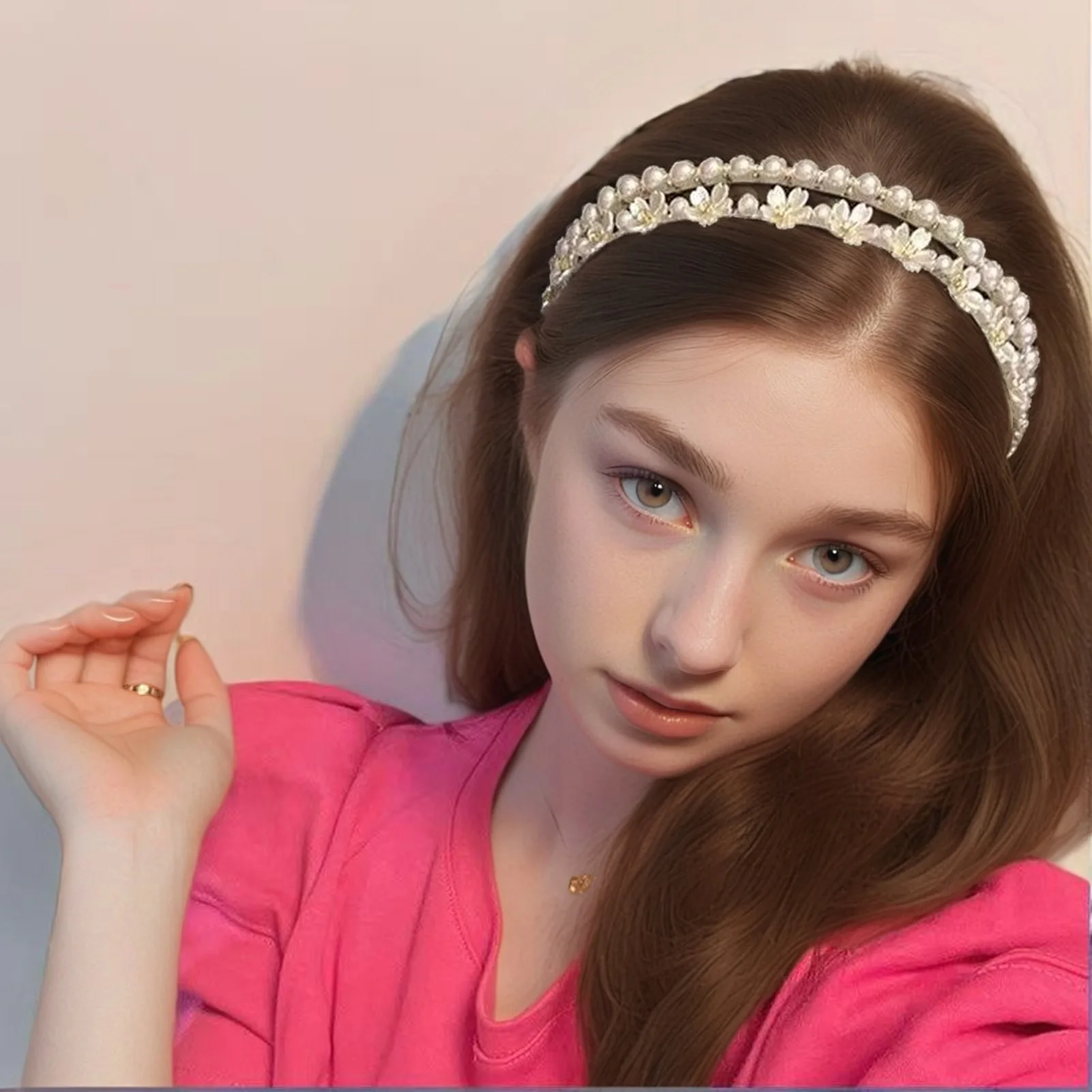 

Sweety Flower Headband For Girls Creative Double Layer Pearl Flower Headband Exquisite Elegant Hair Accessories Festival Gifts