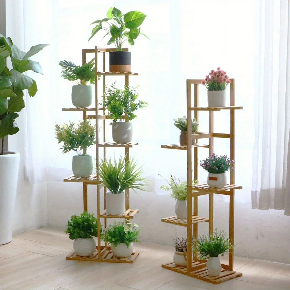 Bamboo Vertical Plant Stand High Low Shelves Flower Rack Display Indoor Outdoor