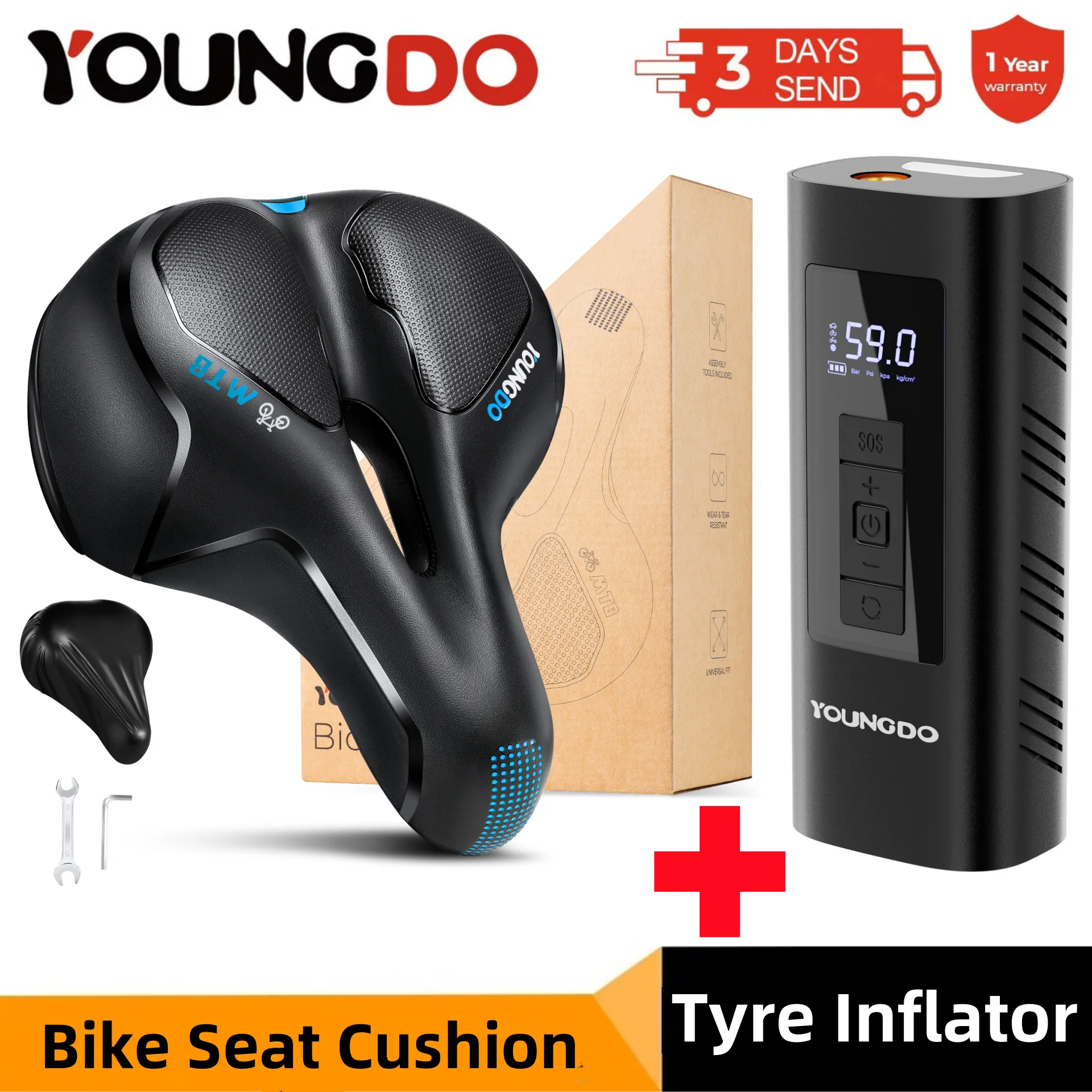 

YOUNGDO Tyre Inflator + Bike Seat Cushion Bundles Portable Air Pump 150 PSI 6000mAh Digital Inflatable Pump For Car Bicycle Boat