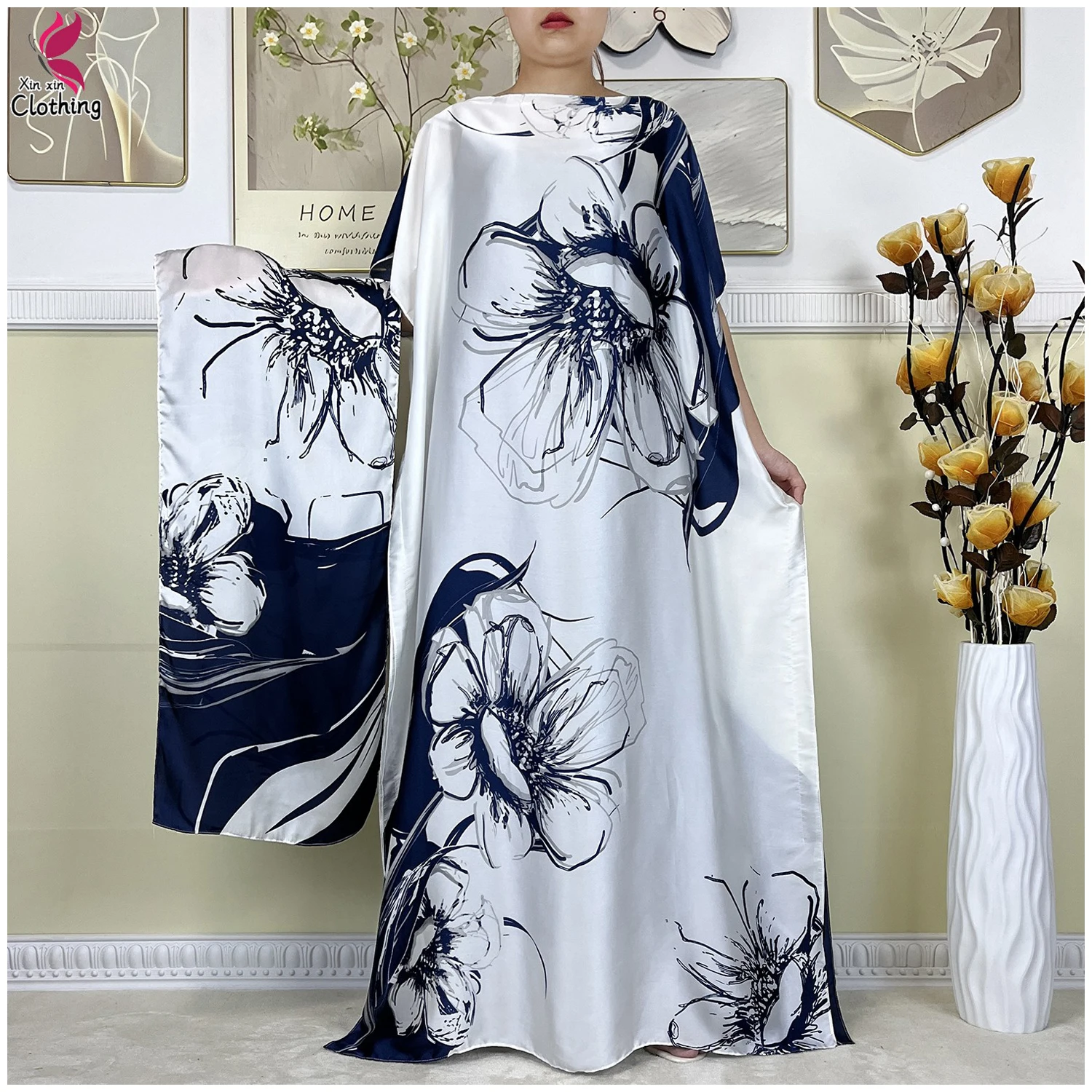 2024 Summer Muslim For Women Dress Soft Silk Fashion Print Islam Loose Femme Robe Dashiki African Abaya Clothes With Headscarf