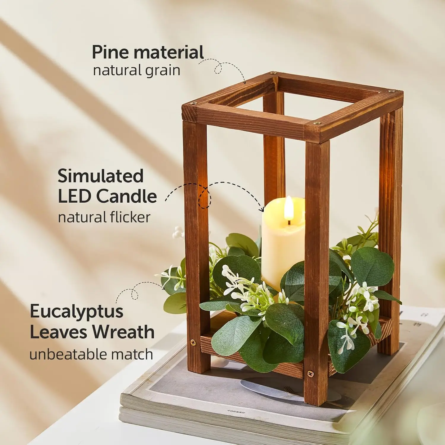 60 Pcs/20 Set Wooden Wedding Lantern Centerpiece,Wooden Centerpieces for Tables-with 20 Holders 20 Candles 20 Wreaths for Rustic