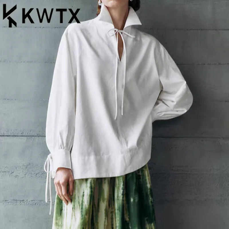 

KWTX Women’s White Shirt Jacket Vintage Bow Tie Stand Collar Lace-Up Casual Luxury High Street Trendy Elegant Spring Summer 2025