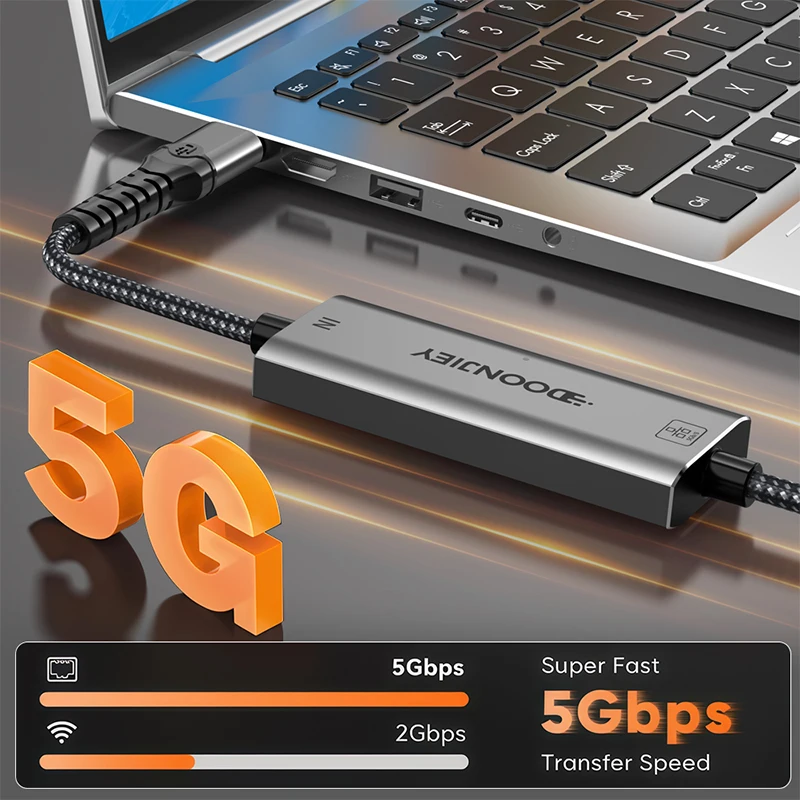 DOONJIEY USB C to Ethernet Cable 5000Mbps 2 in 1 USB/Type-C to RJ45 Gigabit LAN High Speed Network Adapter For PC MacBook Air