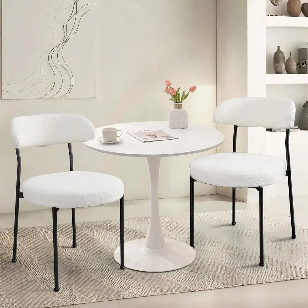 

31.5 Round White Dining Table with 2 Beige Upholstered Chairs for Small Spaces