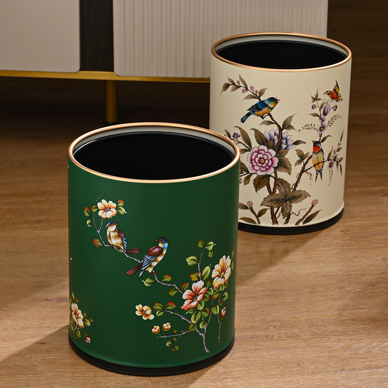 Retro Flower Bird Trash Can Double Layer Iron Paint Process Wastebasket Living Room Bedroom Kitchen Bathroom Trash Can Gifts