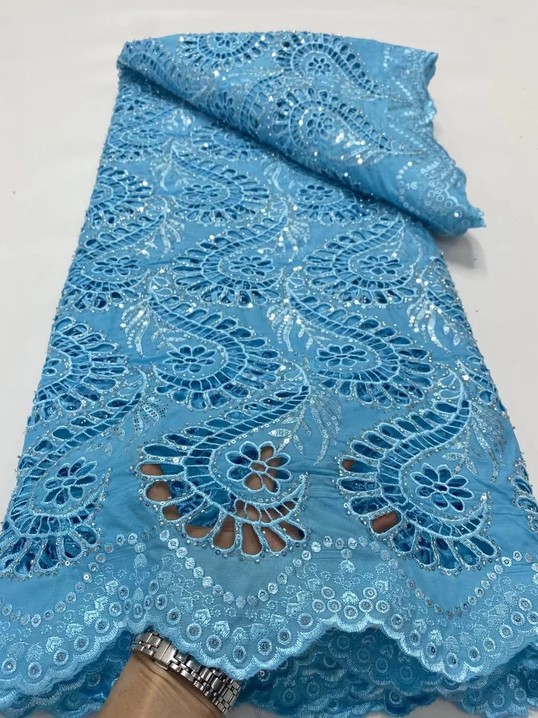 

Nigerian Embroidered Cotton Lace Fabric 2025 High Quality 5 Yards African Swiss Voile Lace Fabric for Elegant Party Dress