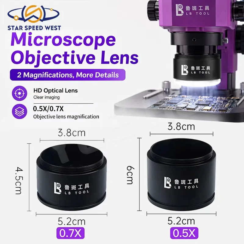 LB TOOL 6560 Objectif de microscope 0,5X/0,7X Distance de travail 172 mm Objectif auxiliaire pour outils d'inspection industrielle de téléphones
