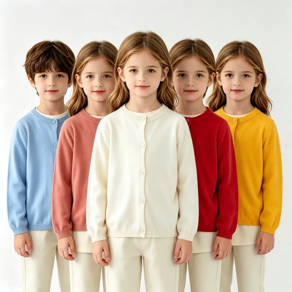 Boys Girls Solid Knitted Cardigan Children Round Neck Button Sweater Long Sleeve Soft Knit Outer Coat Kids Daily Casual Sweater