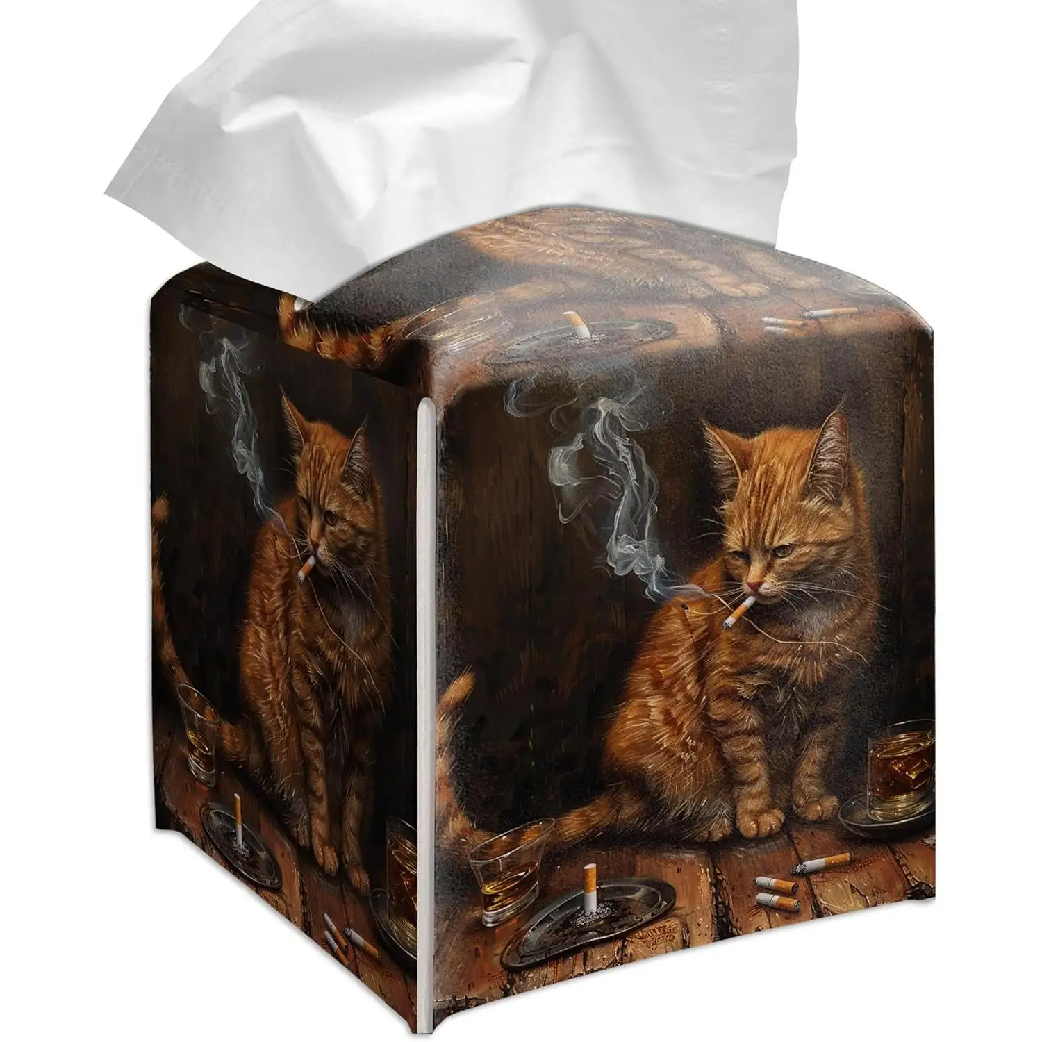 Vintage Rauchende Ingwer-Katze Taschentuchbox-Abdeckung Retro Whiskey Tierdruck Quadratischer Taschentuchhalter Lustige Dekorative Taschentuchbox