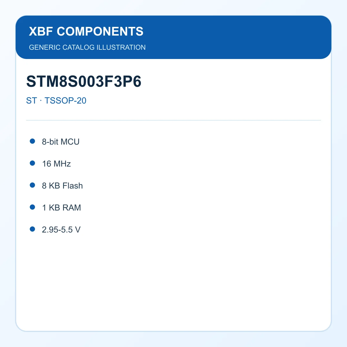 ST STM8S003F3P6 Microcontroller IC 8-bit MCU, 16 MHz, 8 KB Flash, 1 KB RAM, 2.95-5.5 V TSSOP-20