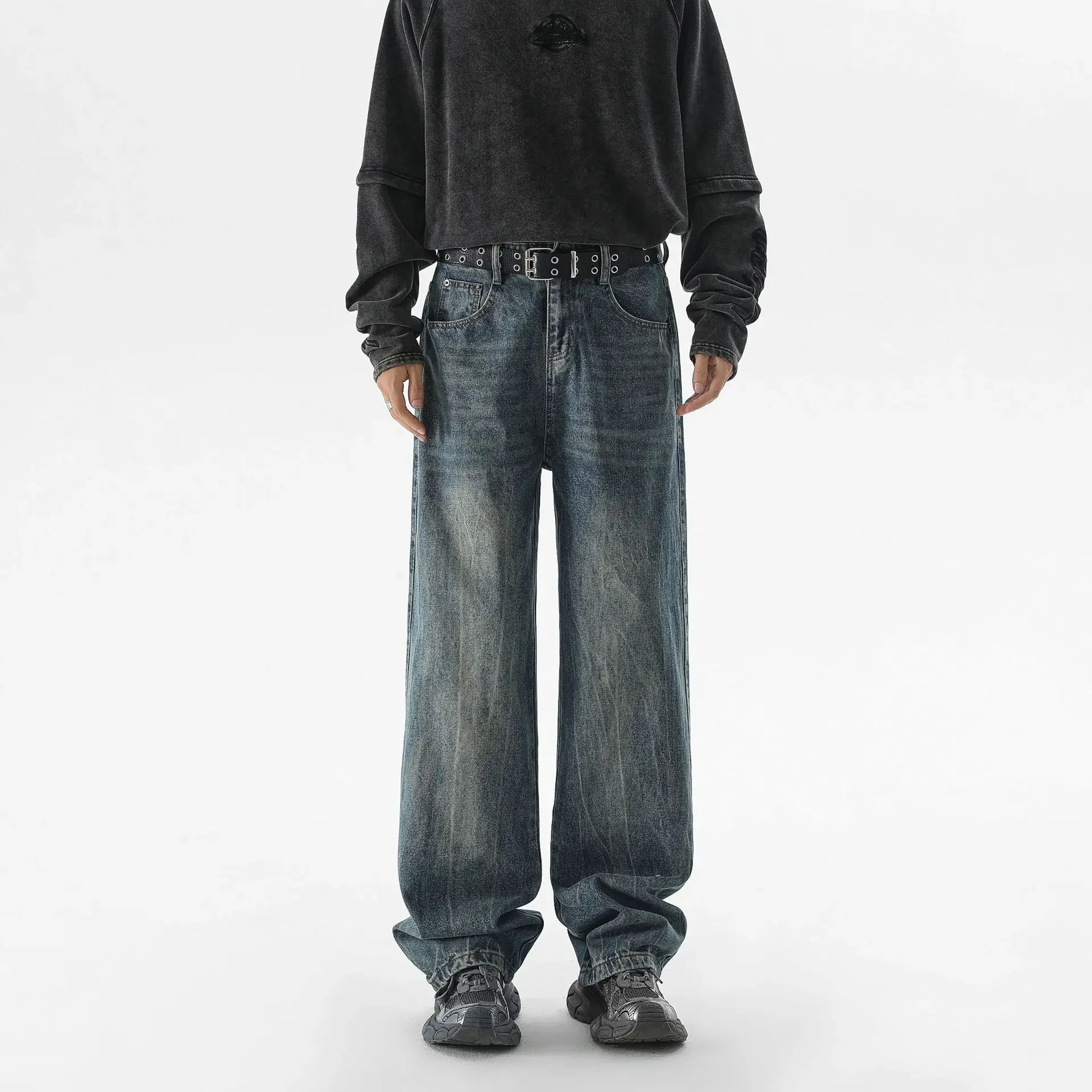 2025 New Men's Vintage Wide Legs Jeans Korean High Street Casual Washed Distressed Baggy Straight Trousers Japanese Streetwear