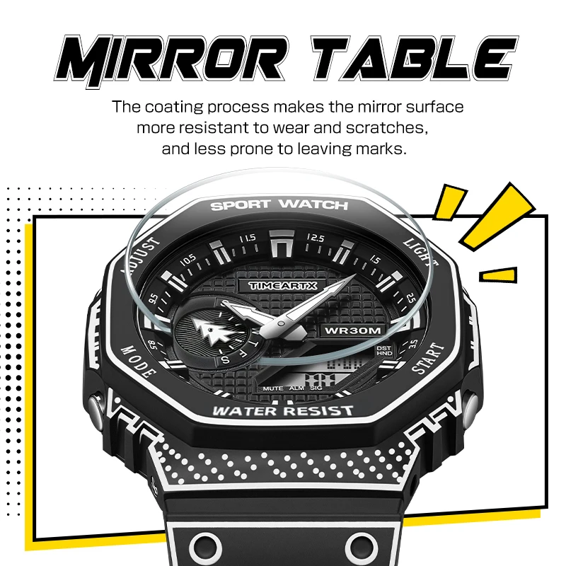 TIMEARTX Mens Electronic Sports Watch Octagonal Case Hand Drawn Line Dot Matrix Dial Silicone Band Dual Display WR30M Waterproof