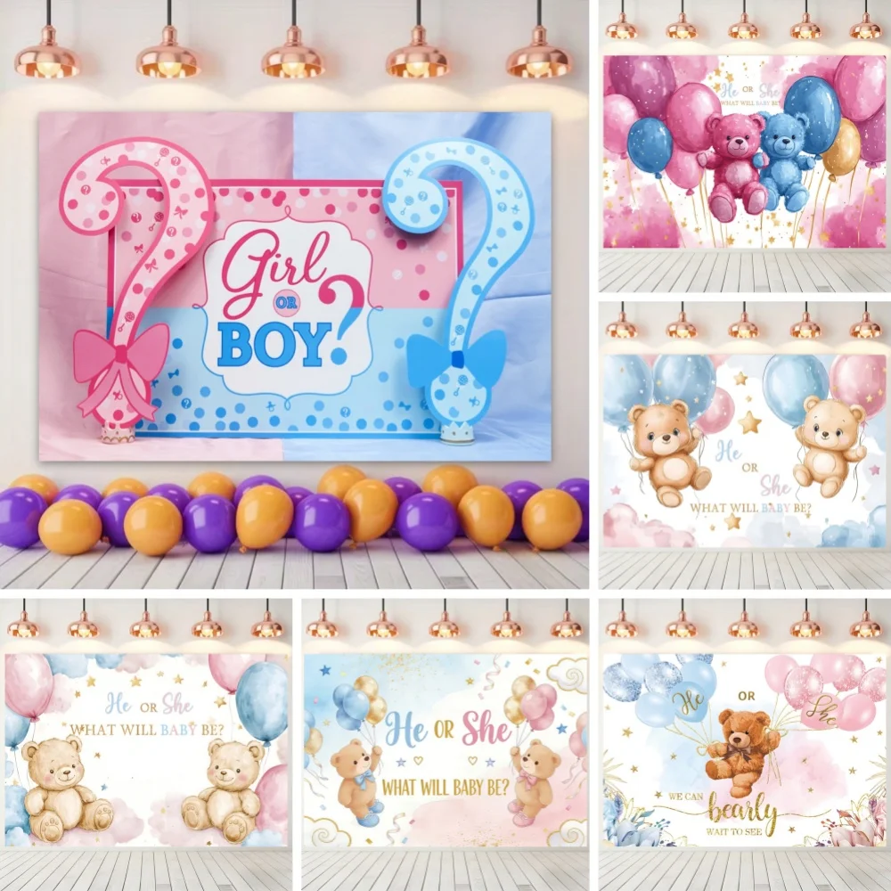 

Gender Reveal Party Boy or Girl Photographic Background Blue Pink Balloon Teddy Bear Baby Shower Newborn Portrait Photo Backdrop