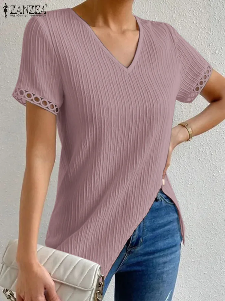 ZANZEA Ladies Summer 2024 Long Tops V-neck Chic T-shirts Short Sleeve Fashion Tunics Casual Women Irregular Hem Lace Trim Tees