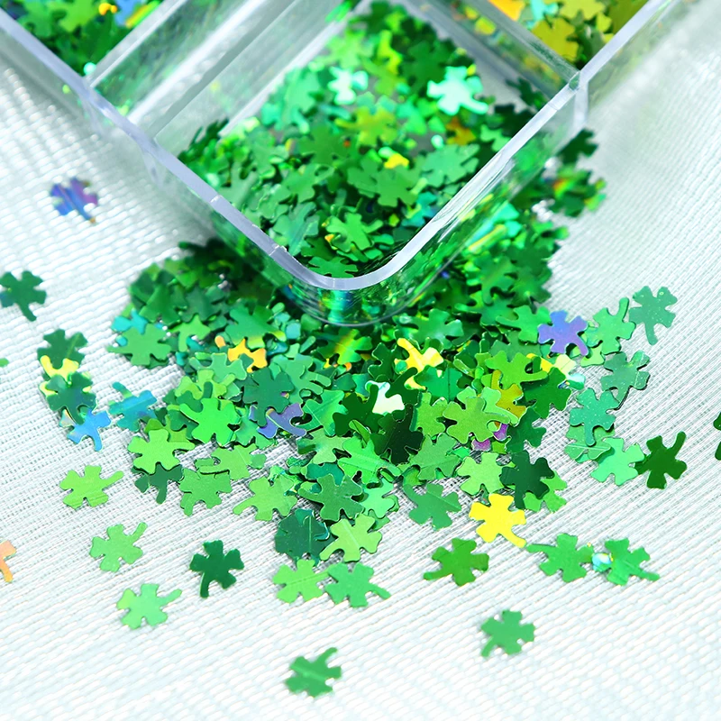 Holographic Glitter Four Leaf Clover Nail Accessories Laser Green UV Sequins Nail Art Charms For Ireland St.Patrick\'s Day Design