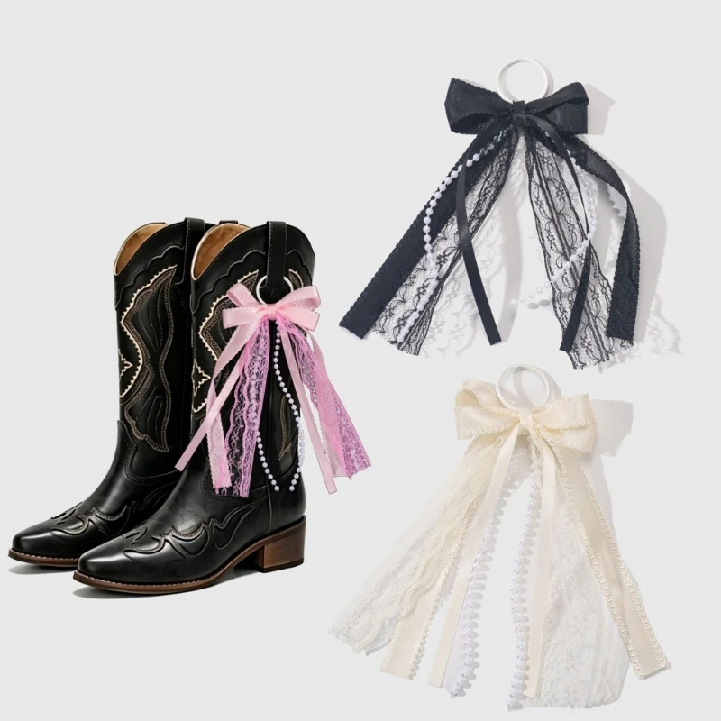 2Pcs Western Cowgirl Boot Charm Ribbon Bowknot With Lace and Faux Pearls Decoration Removable Clip For Women Wedding Accessory