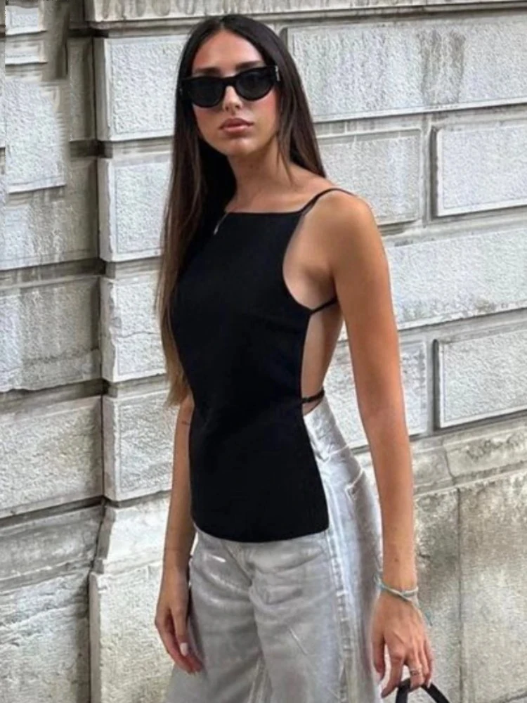 ZABA Women Fashion Solid Colour Backless Camisole Vintage Spaghetti Strap Square Neck Camisole Sleeveless Loose Square Neck Top