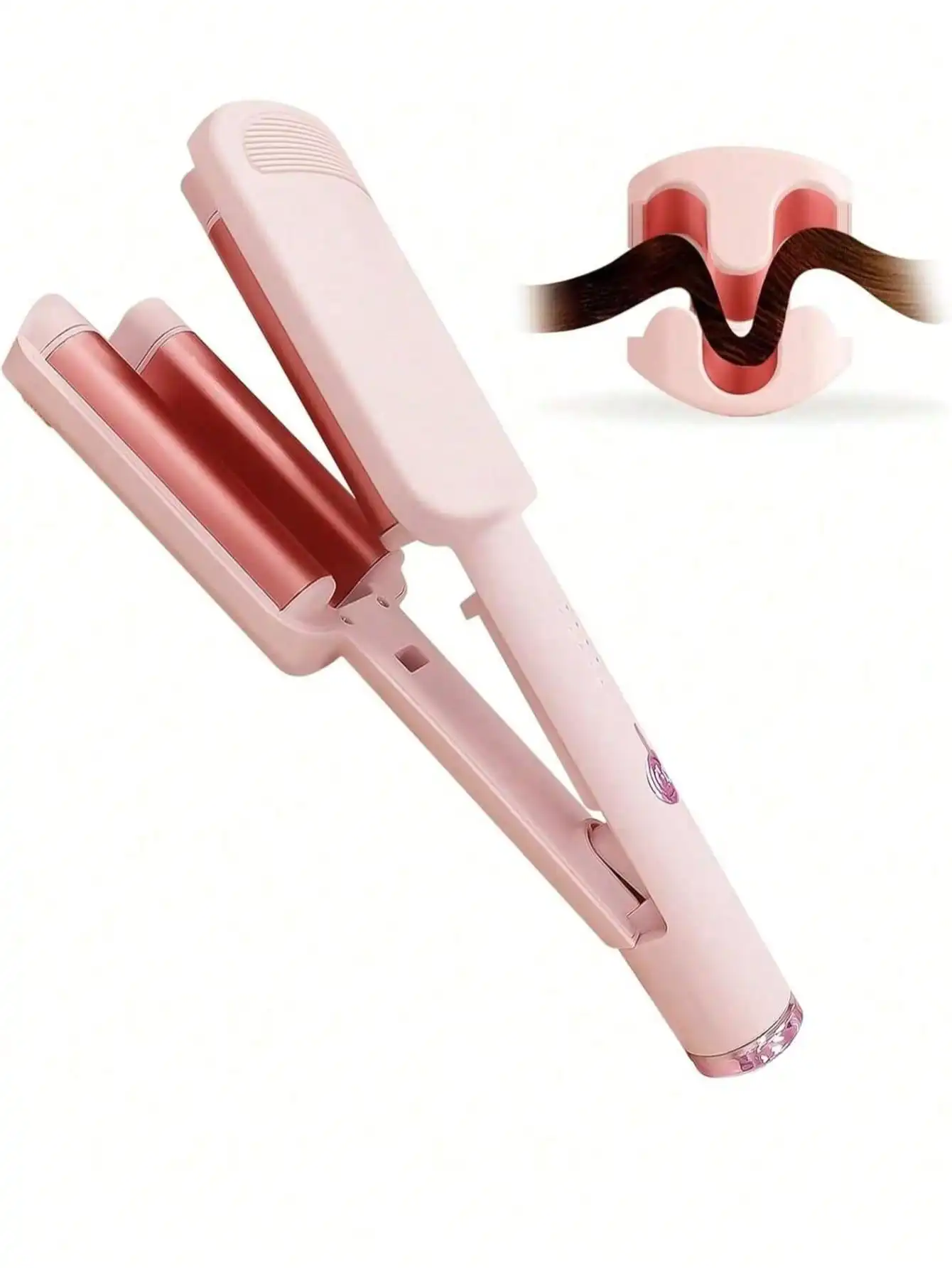 Curling Iron Hair Crimper Waver -Beach Waves Curling Wand, Ionic Deep Waver Hair Curler Tool With Ceramic 3 Barrel For Women, Dual Voltage, Anti-Scald, Easy To Use, Pink