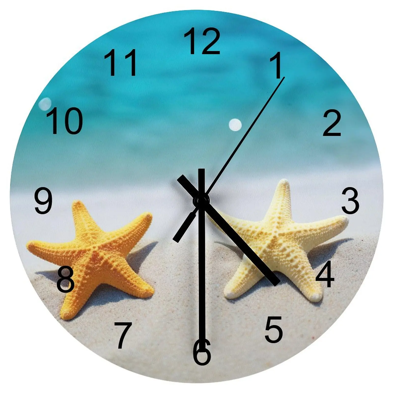 

Dining Room Wall Clock Beach Starfish Sea star Clocks 12 inch Mute Wooden Round 3D Display Wall Mounted Retro Home Decor