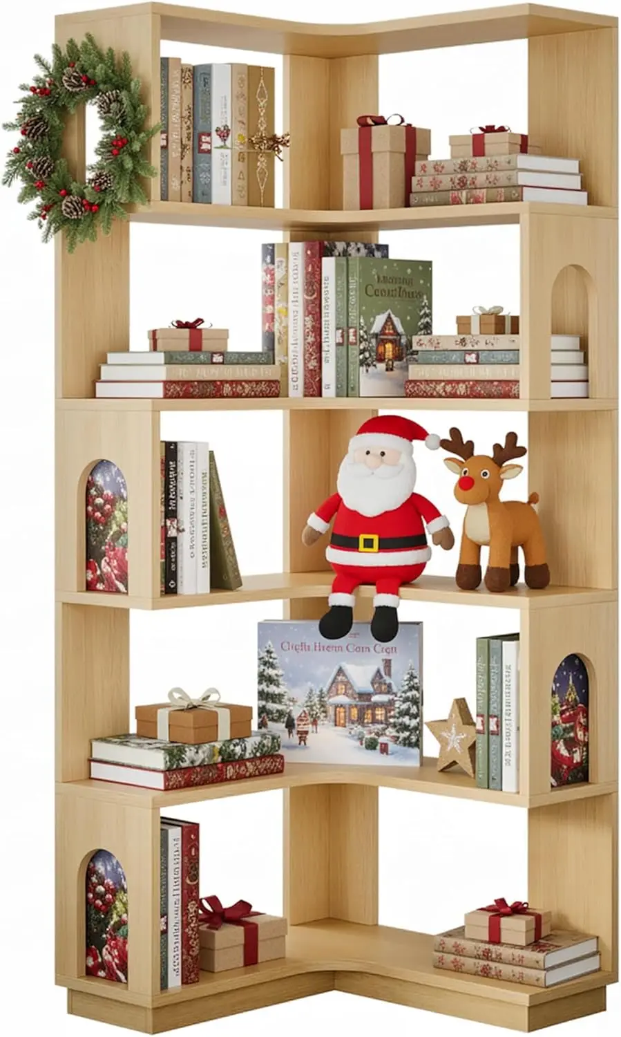 

6 Tier Corner Bookshelf, Tall L Shaped Bookcase, 68.5 Inches Wooden Corner Bookshelves with Arched Design, Freestanding