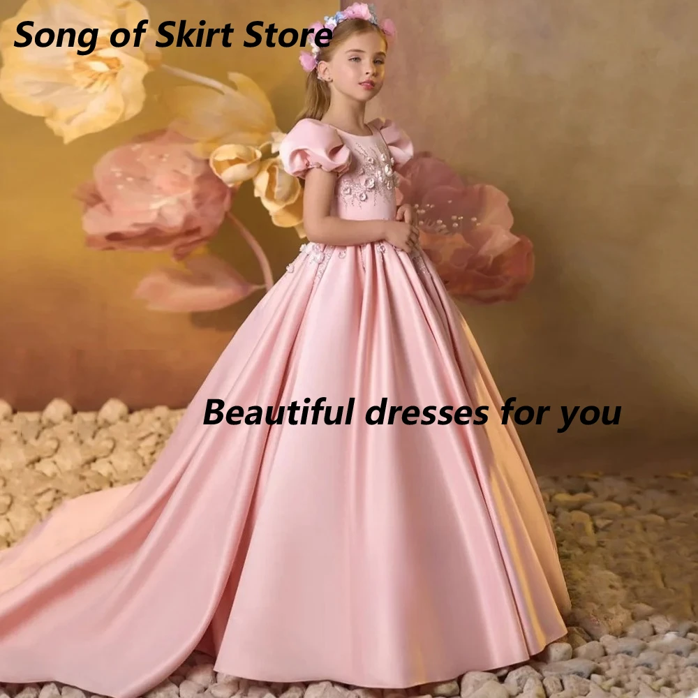 

Pink Princess Flower Girl Dress Short Sleeves Round Neck Flower Beading Birthday Dresses Kids Party Gown 2025 Customized