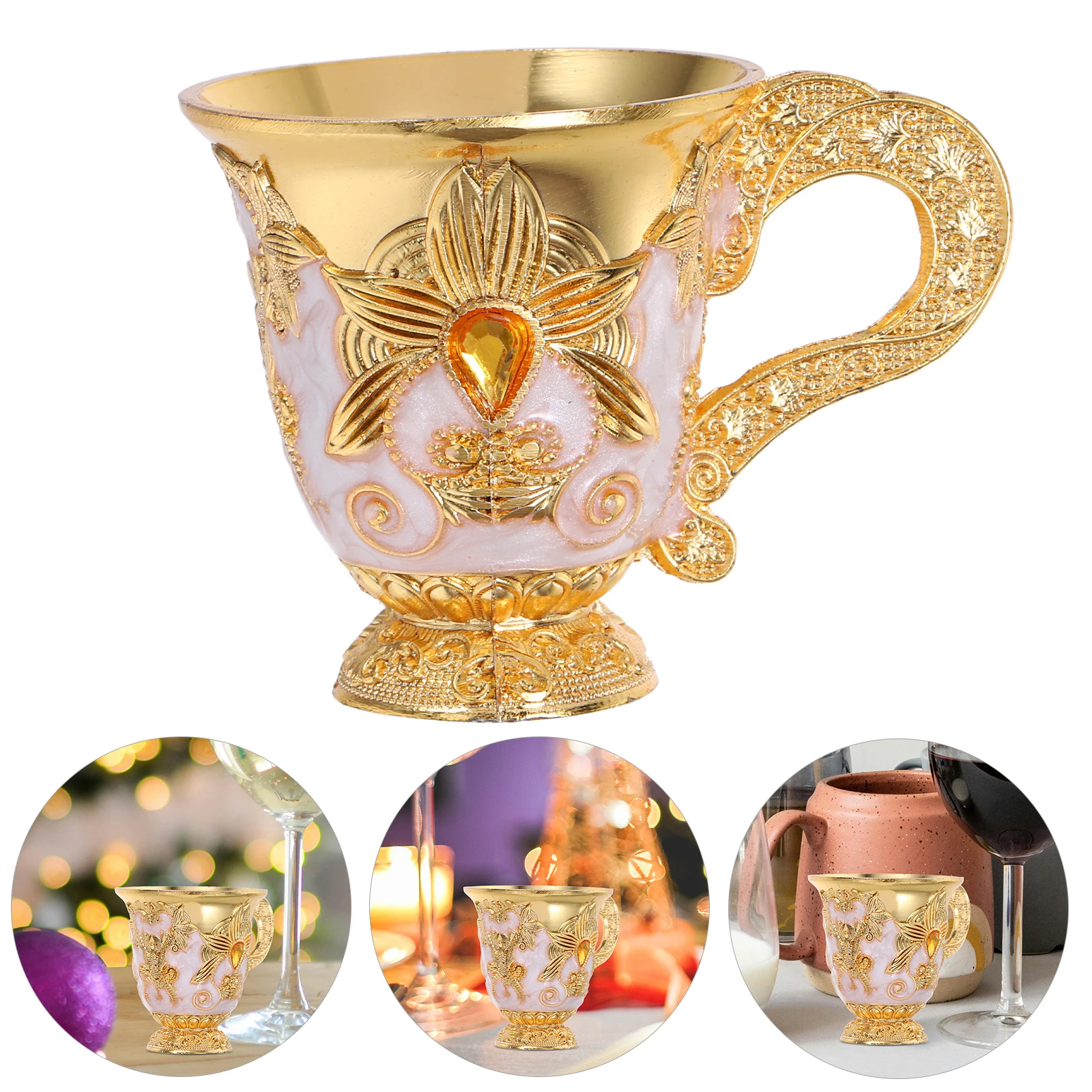 

Mini Golden Offering Goblet Aluminum Drinking Cups Elegant Design Metal Patterns Whiskey Mini Holy Camping